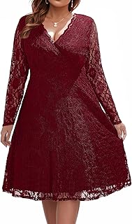 Women Plus Size Wedding Guest Dresses Cocktail Black Wrap Lace Fall Formal Long Sleeve Knee Length Evening Party Dress - Buy now