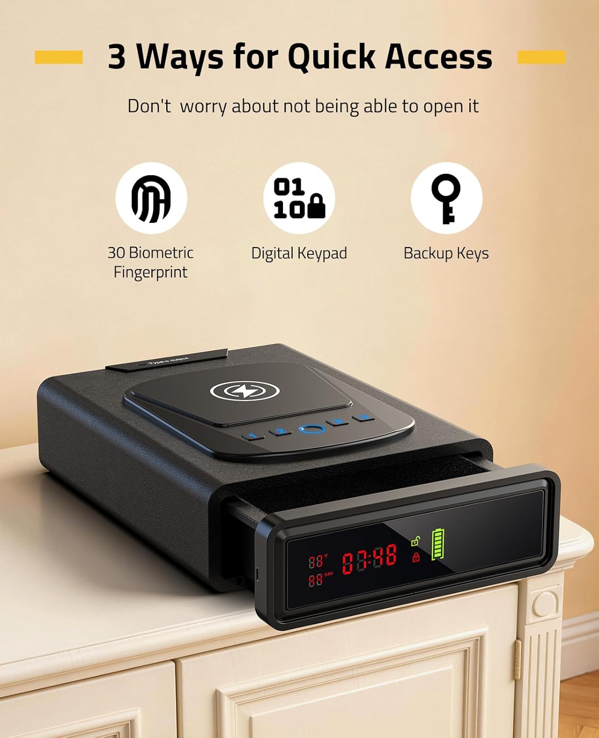 CVLIFE Biometric Gun Safe, Fingerprint Gun Safe with Watch & Phone Wireless Charging, 3-in-1 Alarm Clock Safe, Adjustable LED Light for Home Nightstand Bedside