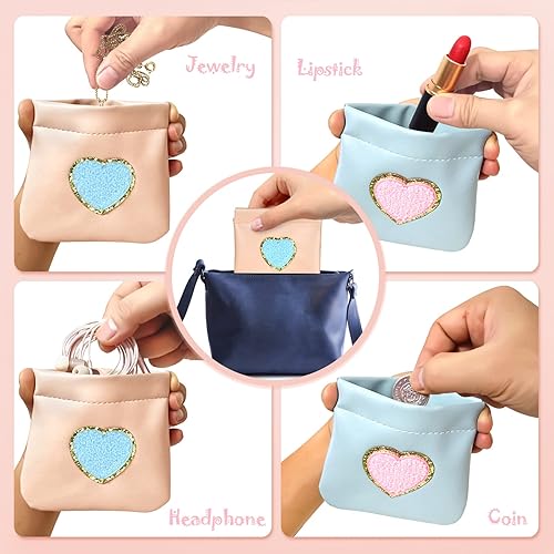 Miniatura 6 de Monedero de 2 monederos pequeños de piel sintética, bolsa de cosméticos con bolsillo, organizador de maquillaje de corazón, lindo, portátil,