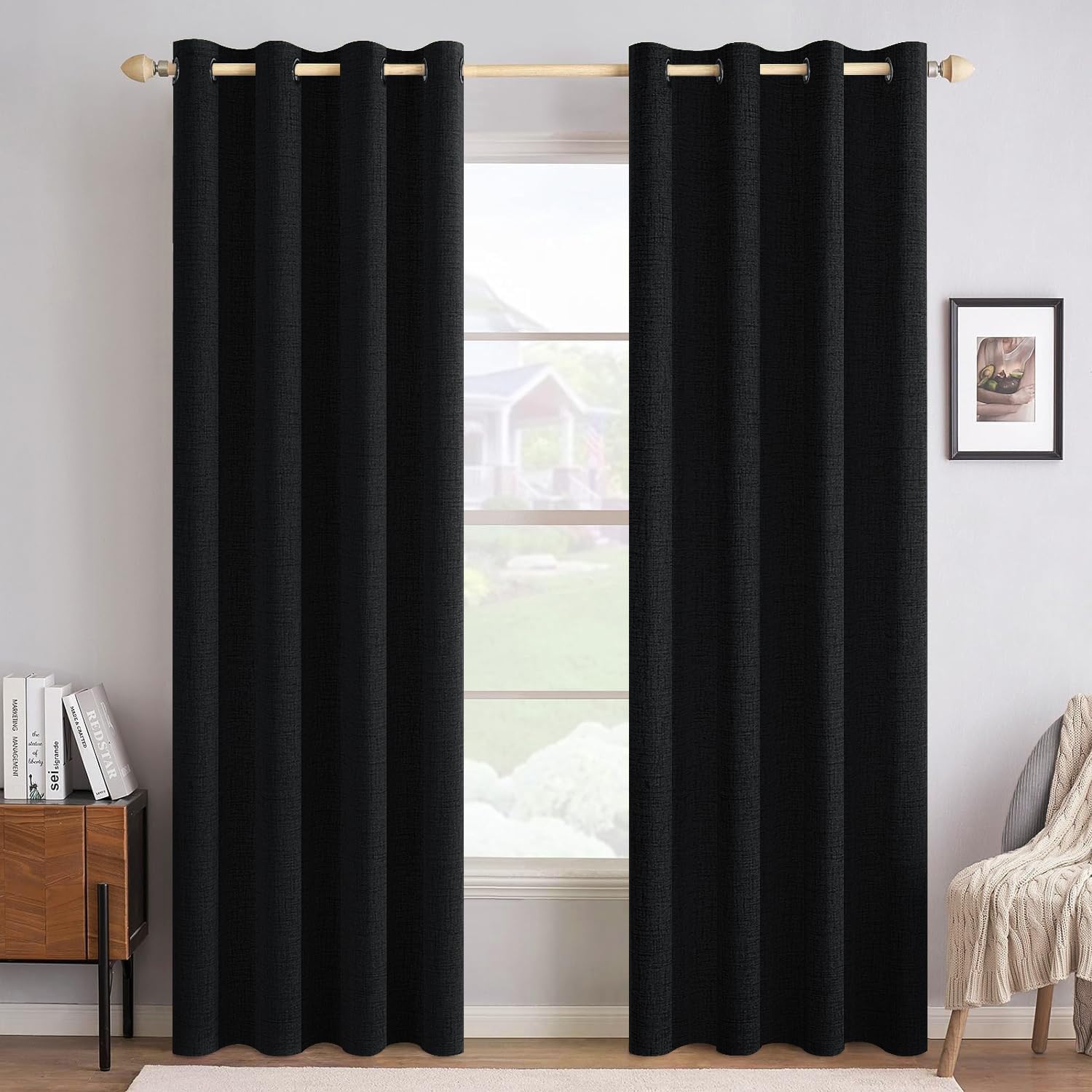 Photo 1 of MIULEE Linen Texture Curtains for Bedroom Solid 100% Blackout Thermal Insulated Halloween Black Curtains Grommet Room Darkening Drapes for Living Room 52x96 Inch (2 Panels)