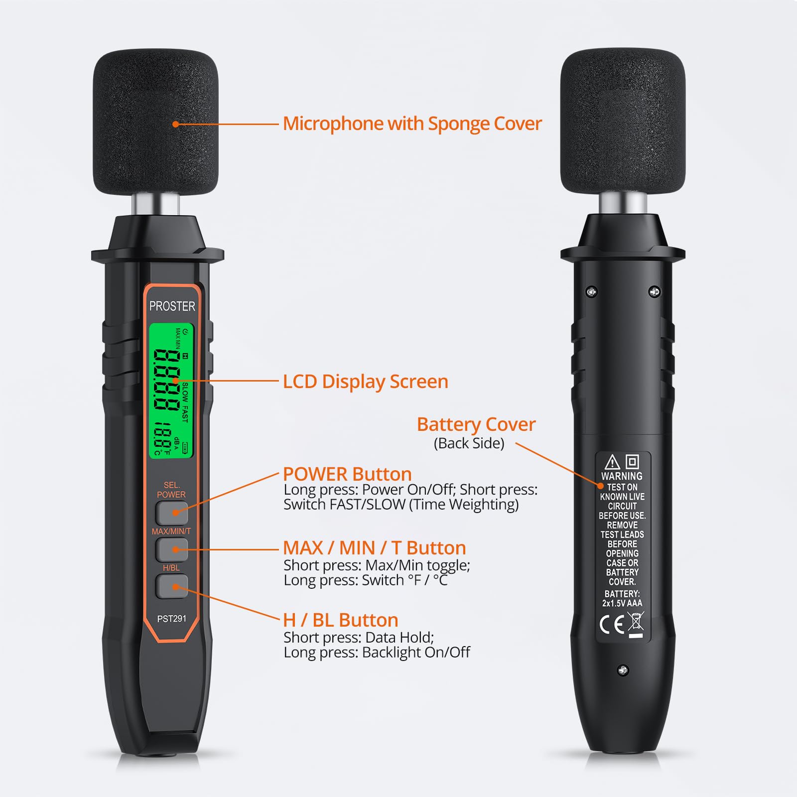 Proster Misuratore di Decibel Digitale 30dB a 130dB Portatile con Funzione di Temperatura A-Pesato Max/Min Risposta Veloce/Lenta LCD Retroilluminato Ideale per Ambienti di Lavoro Uffici e Fabbriche