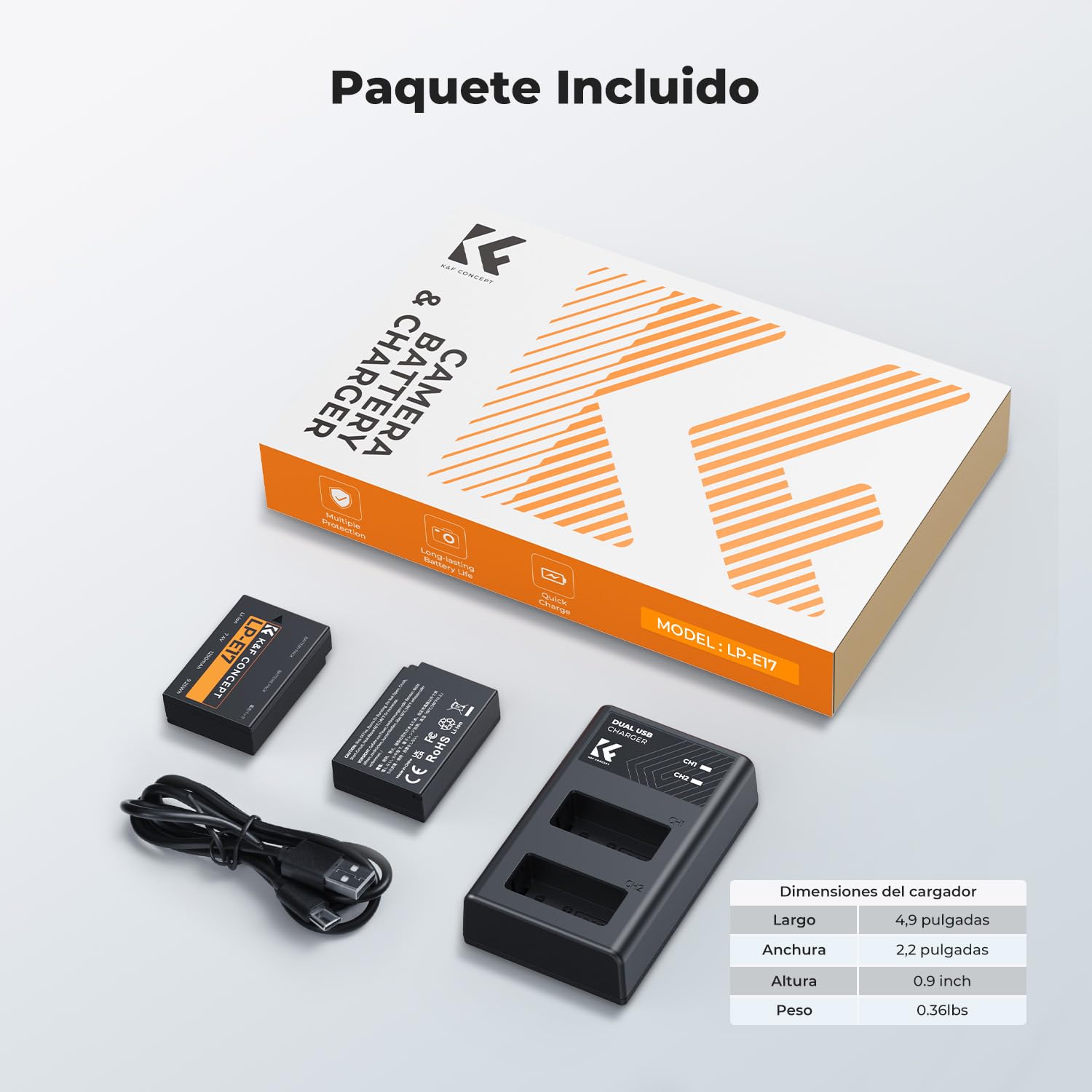K&F CONCEPT LP-E17 2 Pack Batería de Repuesto con Cargador Dual USB, 1250mAh Compatible con Cámara Canon EOS RP Rebel T8i SL2 SL3 T6i T6s T7i EOS M3 M5 M6 Mark II 200D 77D 750D 760D 800D