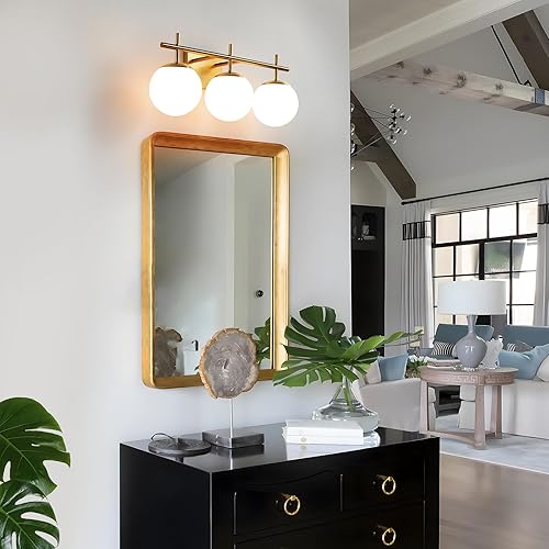 Miniatura 5 de Lámpara dorada para baño, luz de tocador de baño de 3 luces sobre el espejo, accesorios de iluminación modernos con pantalla de vidrio de globo