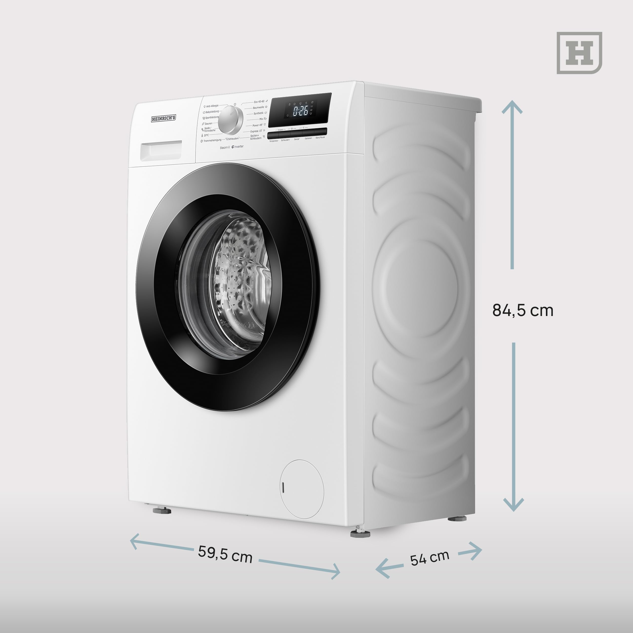 HEINRICHS Waschmaschine mit Dampffunktion, 9kg, 1400 U/min, Inverter Motor, Energieklasse A, weiß