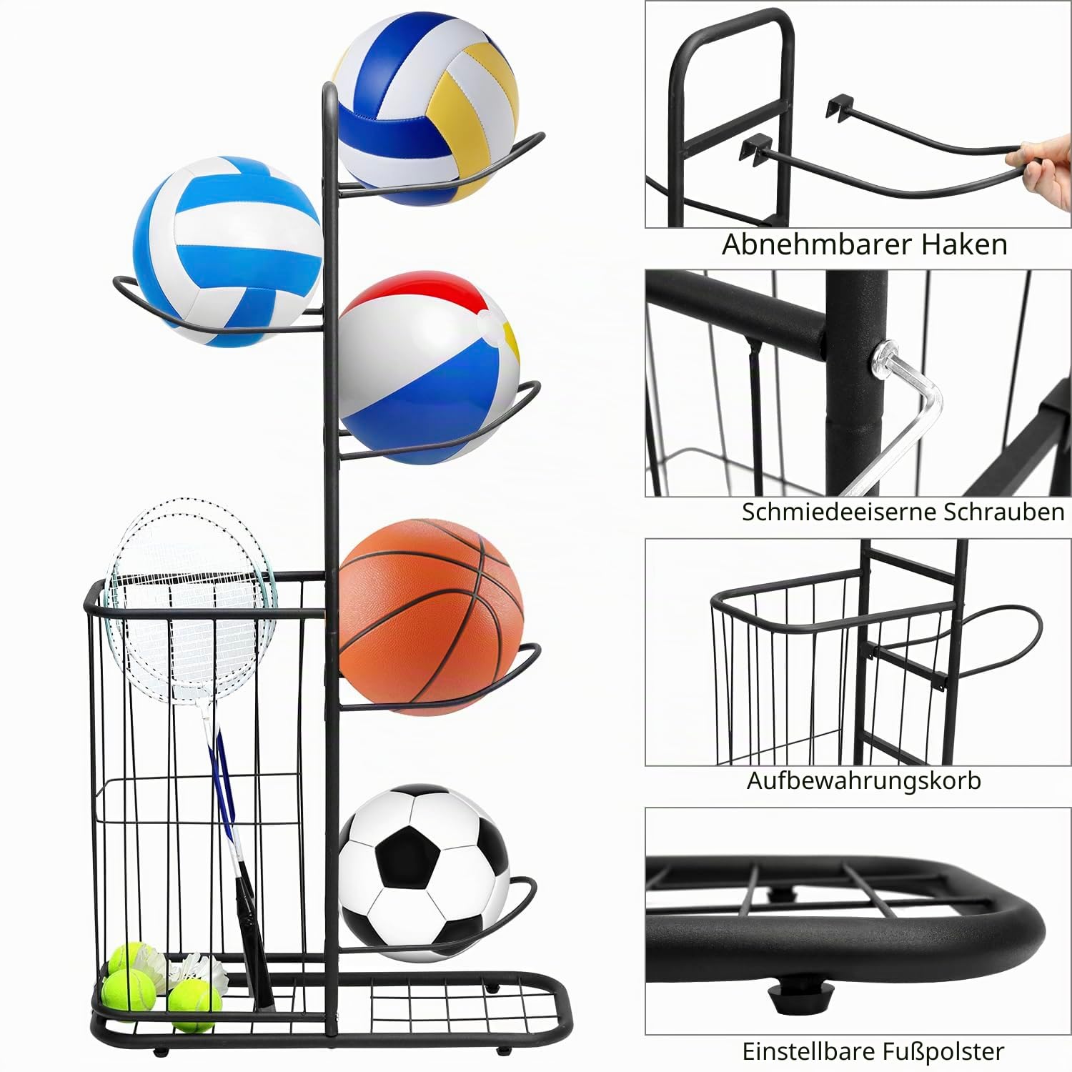 QWORK® Basketball Aufbewahrungsregal, Ballständer mit 5 Ball Ständer und Körben, Organizer Für Sportgeräte, 116 * 23.5 * 58cm