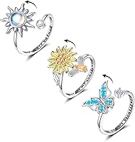 Vista 9 de Honsny Fidget Rings for Women, Spinner Fidget Ring Set, Sunflower Butterfly Bee Star Moon Relief Spinning Rings for Adults