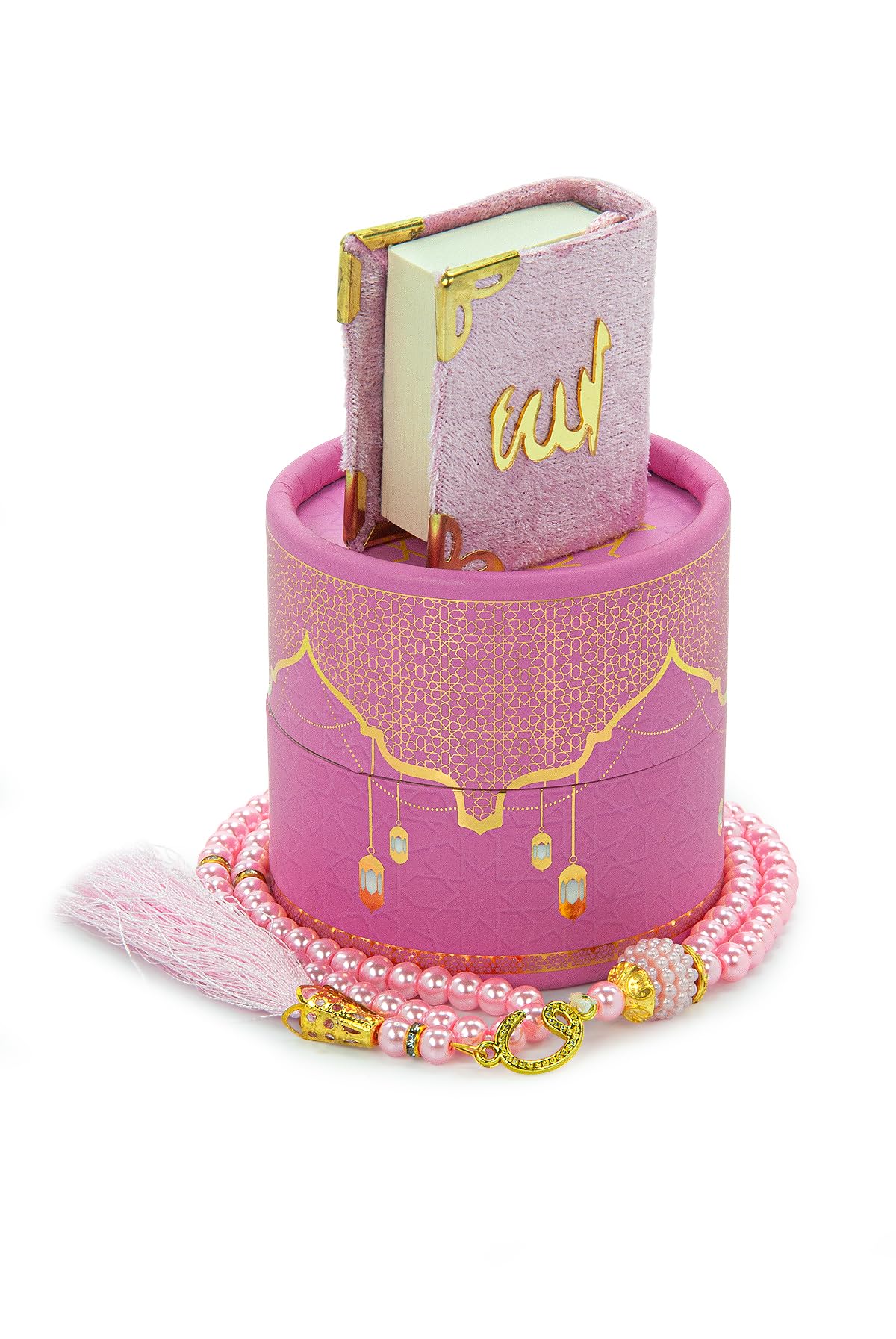 ihvan online Islamic Prayer Cylinder Gift Box with Elegant Velvet Covered Mini Quran & Prayer Beads Tesbih, Misbaha Tasbeeh Sibha 99 Mala Tasbih, Islamic Gift for Ramadan & Mawlid & Eid, Pink