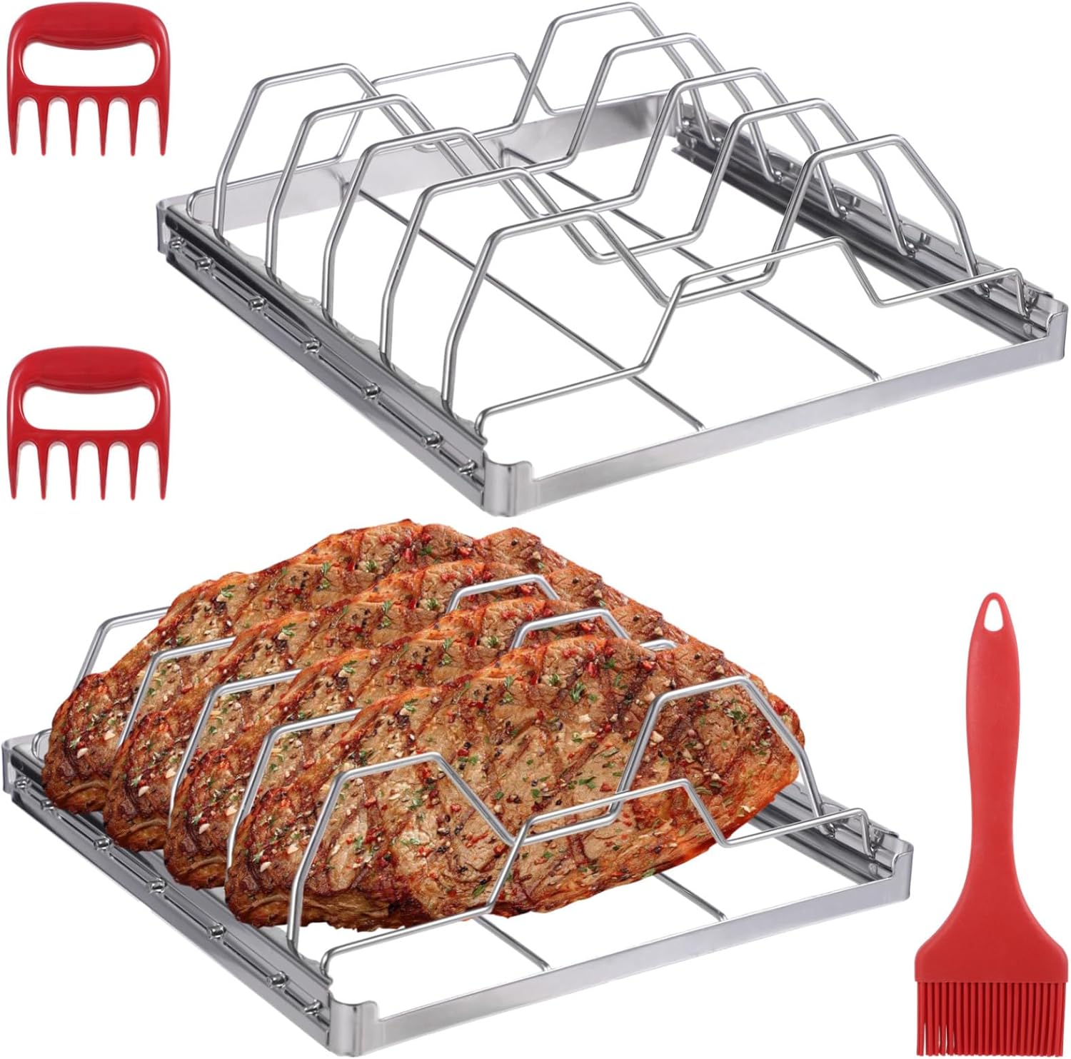 2 Pack Grill Rib Racks, Stainless Steel Holders for Cooking BBQ, Features Silicone Brush and Meat Shredders, Ideal Outdoor Grill Accessories