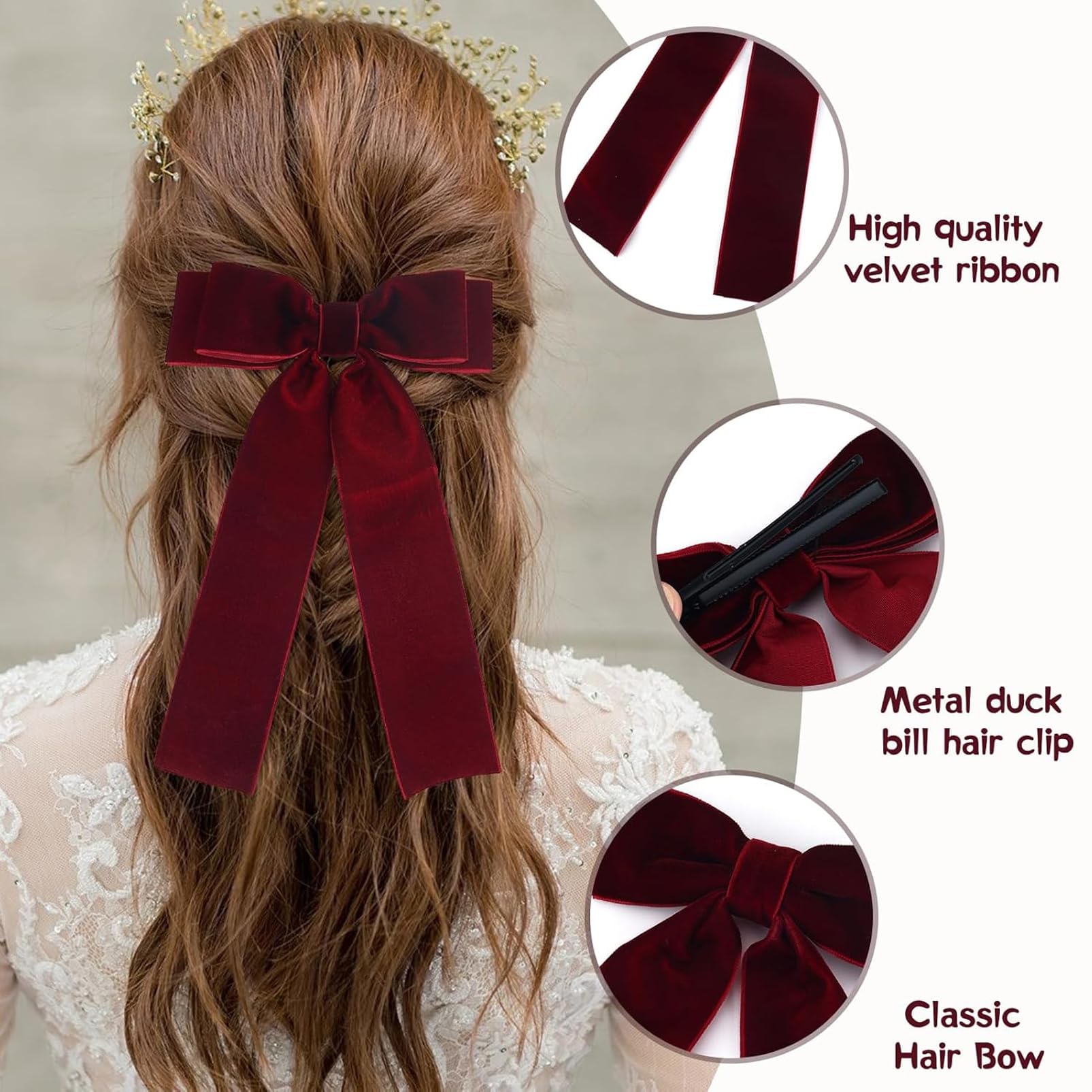 DMQ Velvet Bow Hair Clips - 2Pcs Wine Red Bowknot Barrettes with Long Ribbon, French Satin Silky Hair Bows Xmas Gifts for Women & Girls - Image 3