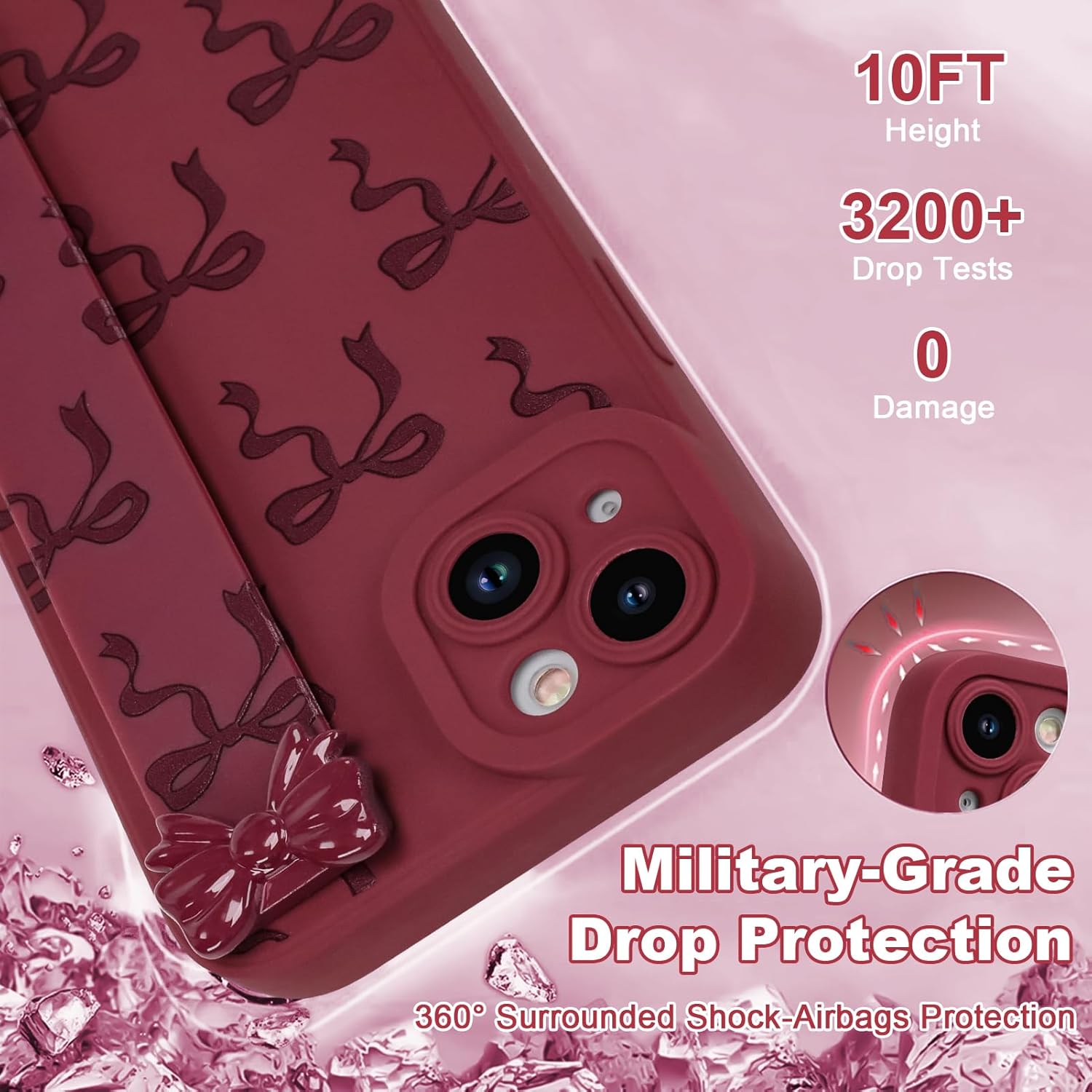 OOK Case for iPhone 14 Plus Case with Screen Protector, Cute Bow Design with Adjustable Wristband Strap Kickstand Slim Soft TPU Rubber for Women Girls Phone Cover-Wine Red - Image 6