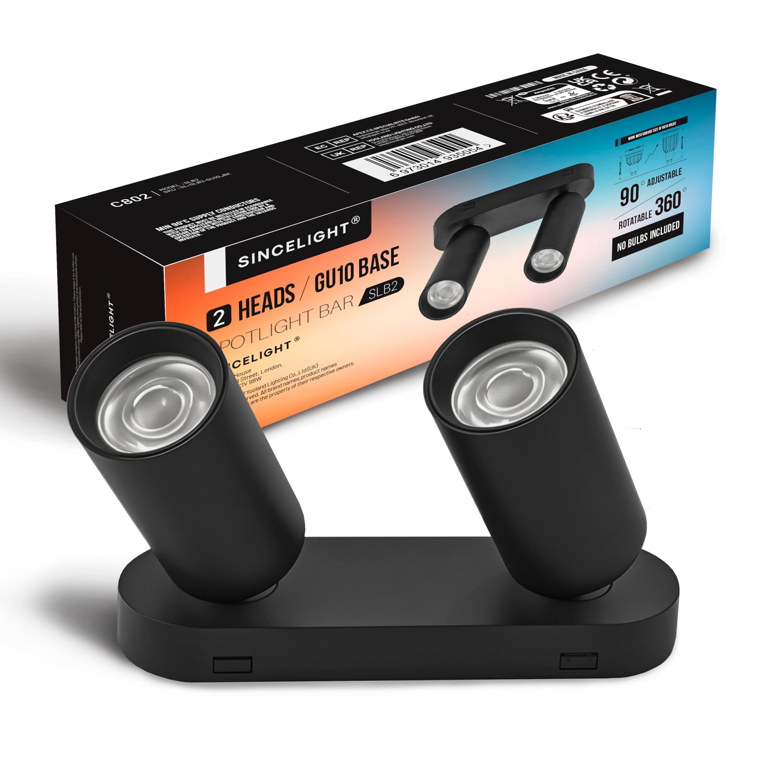 SINCELIGHT 2-Heads Adjustable Spotlights with GU10 Socket, Surface Mount for Ceiling/Wall, 360° Rotatable Track Lights for Living Room Bedroom Kitchen, Matt Finish (Bulbs Not Included)