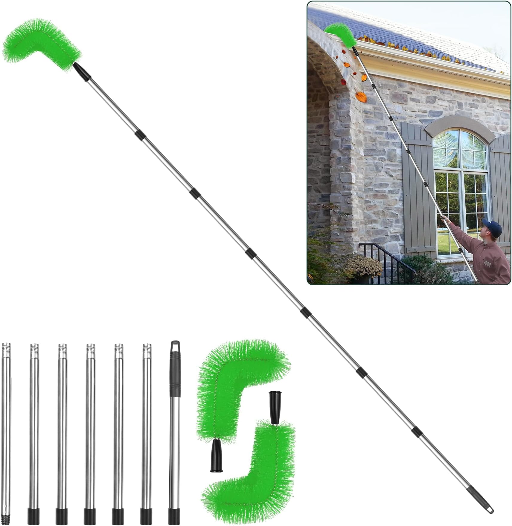 Flehomo9.5 Feet Gutter Cleaning Brush, Extendable Roofing Gutter Guard Cleaning Tool with 2 Pcs Adjustable Angle of Brushs, Removing Leaves & Debris Form The Gutter Gurad
