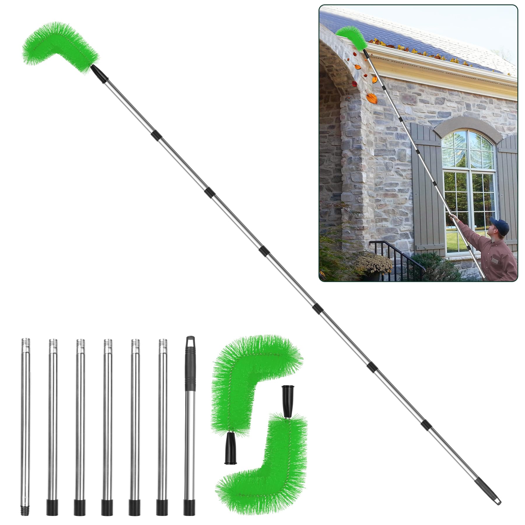 Flehomo9.5 Feet Gutter Cleaning Brush, Extendable Roofing Gutter Guard Cleaning Tool with 2 Pcs Adjustable Angle of Brushs, Removing Leaves & Debris Form The Gutter Gurad