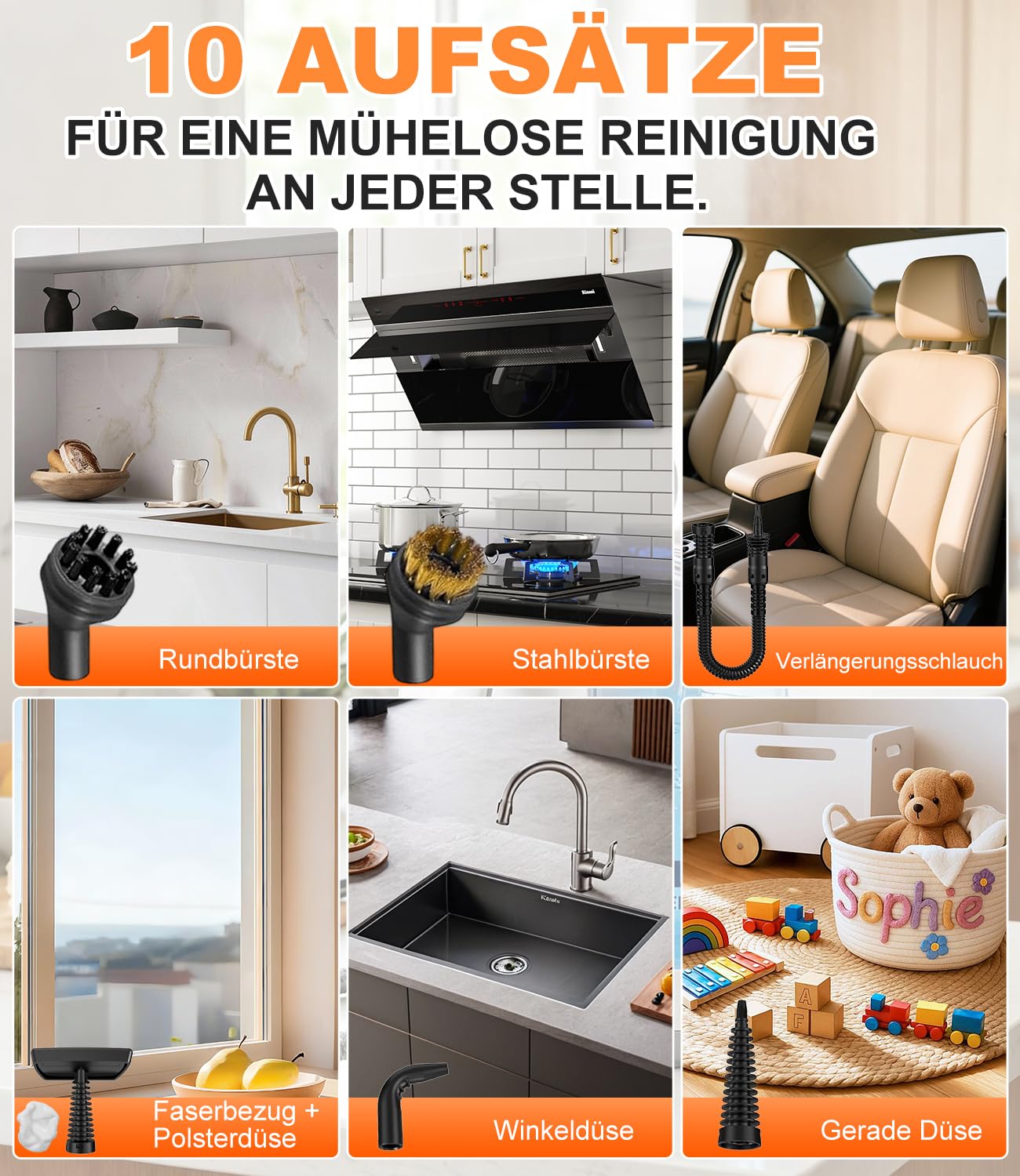 10 in 1 Dampfreiniger Handgerät, 3 bar Handdampfreiniger, 1350W Dampfreiniger für Alles, 15s Aufheizzeit, 550ml Sichtbarer Wassertank,10 teiligem Zubehör für Böden, Küche, Fenstern, Auto