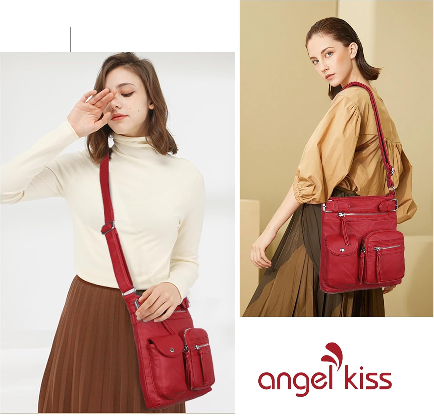 Angel Kiss Crossbody Bags for Women Washed Leather Shoulder Bags Multi Pocket Soft Hobo Purses and Medium Handbags