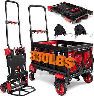 접이식 바구니가 있는 2-in-1 접이식 핸드 트럭, 접이식 손잡이가 있는 핸드 트럭, 149.7kg(330파운드) 용량의 튼튼한 핸드 돌리, 수하물/이동/여행용 바퀴가 달린 돌리 카트