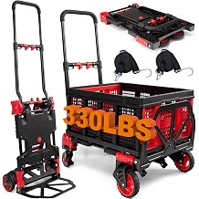 2-in-1 Folding Hand Truck with Folding Basket,Hand Truck with Retractable Handle, 330LBS Capacity Heavy Duty Hand Dolly, Dolly Cart with Wheels for Luggage/Moving/Travel
