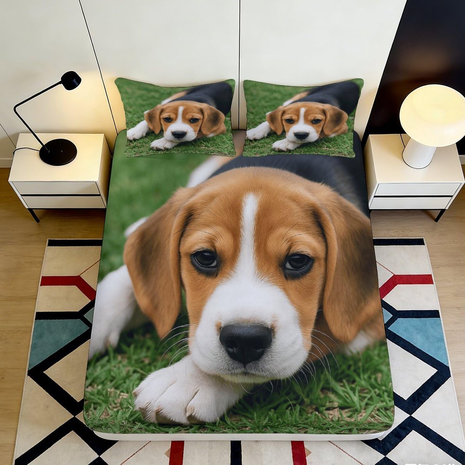3D Printed Beagle Dog Fitted Sheet Microfiber Soft Durable Puppy Pattern Bed Cover for Bedroom Dormitory Guest Room Mattress Protector 120x200x25cm