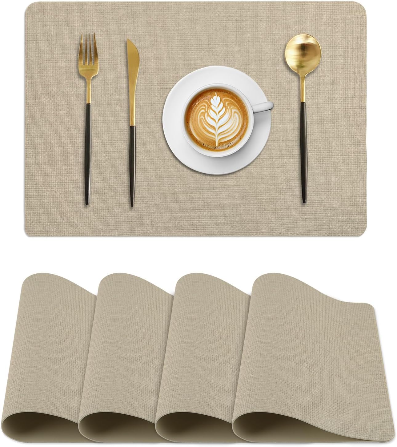 (-16%) Komforbaa 4er Set Platzsets Beige 43x30cm PU Leder Gitter-Muster, Tischsets Doppelseitig Wasserdicht Hitzebeständig, Platzdeckchen rutschfest Abwischbar Modern