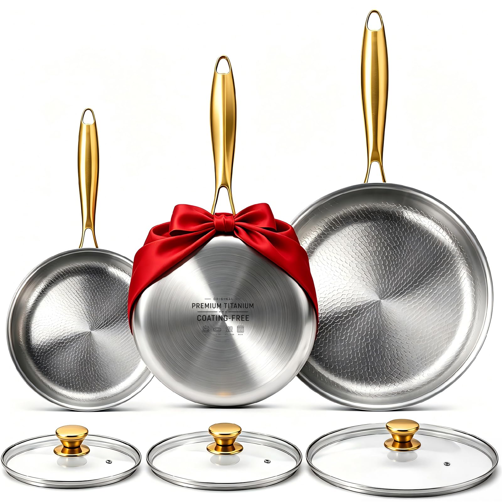 Photo 1 of Sikiilu 8/10/12" Titanium Pans for Cooking | Food-Grade Pure Titanium Frying Pan Set with Lid | PFAS/PFOA/PTFE Free Nonstick Cookware | Dishwasher & Oven Safe, Kitchen Induction Compatible