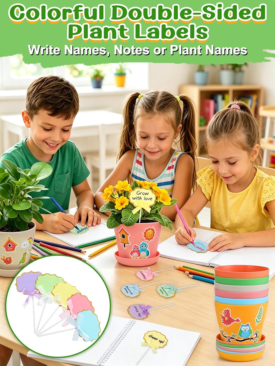 Cosweet 36 Pack Durable Resin Garden Pot Craft Kit for Kids | Colorful Flower Plant Crafts with Trays, Stickers & Blank Labels, Art Activities for Classroom School Home DIY Gifts 4+ years