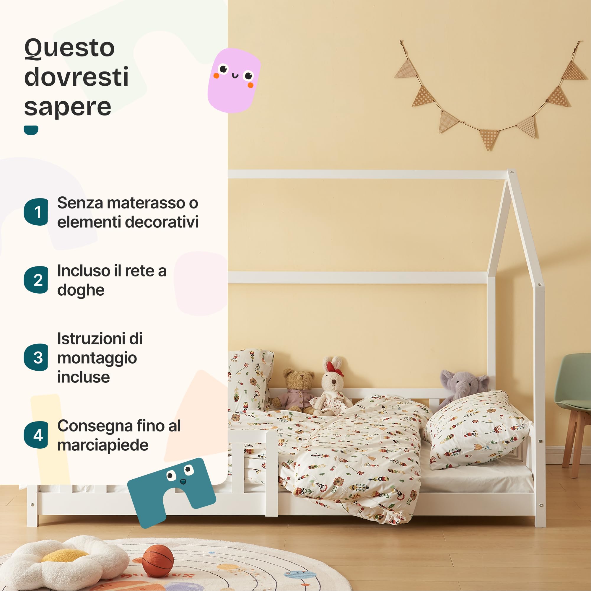 [en.casa] Letto per Cameretta Lettino a Forma di Casetta con Sbarre Letto Piazza e Mezza per Bambini Struttura in Legno di Pino 120 x 200 cm Bianco