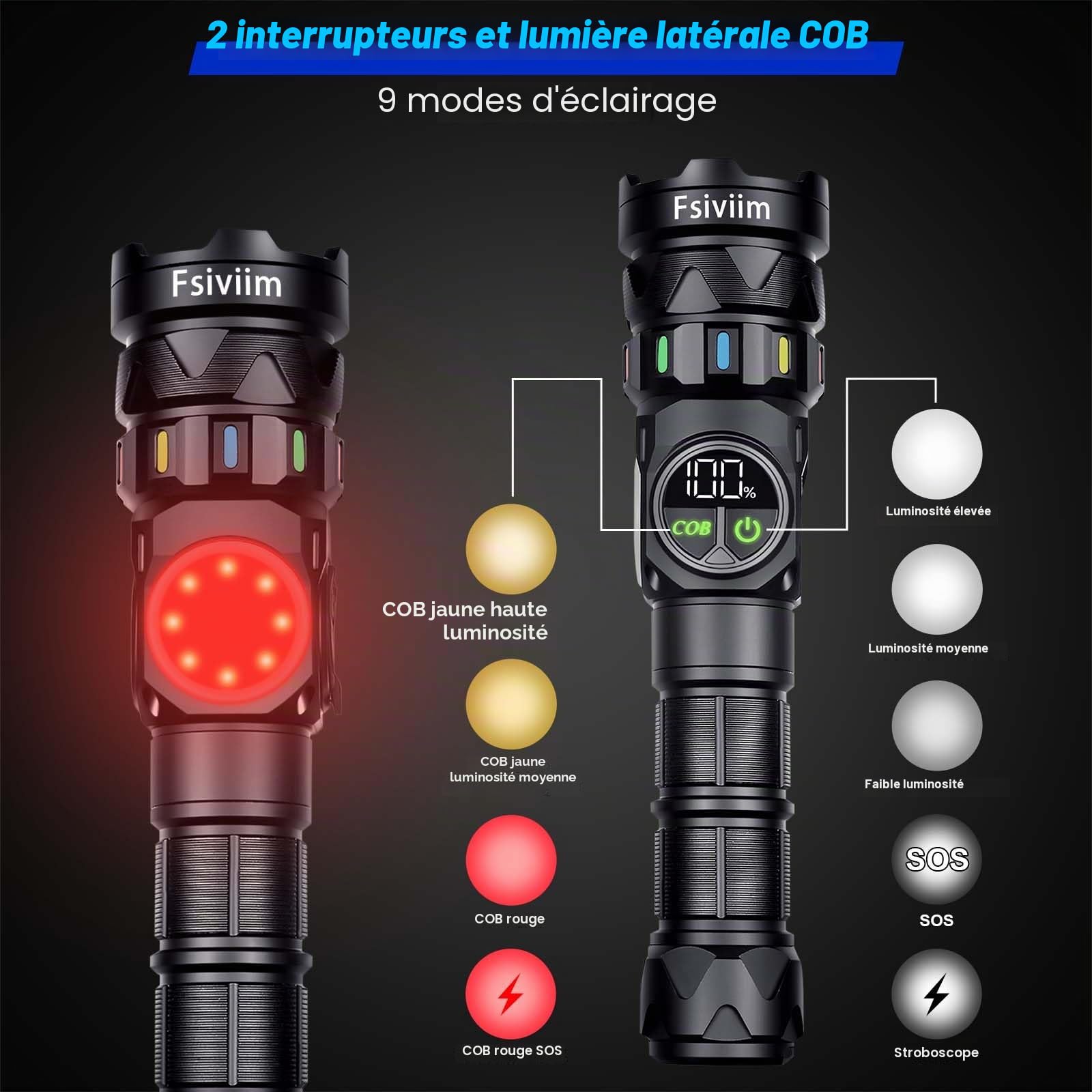 7000 mAh Batterie Haute Capacité, Lampe Torche LED Ultra Puissante, 1000000 Lumens Lampe de Poche, Zoomable Lampe torche Puissante Rechargeable COB, 9 Modes, Pour Camping, Randonnée, Urgence