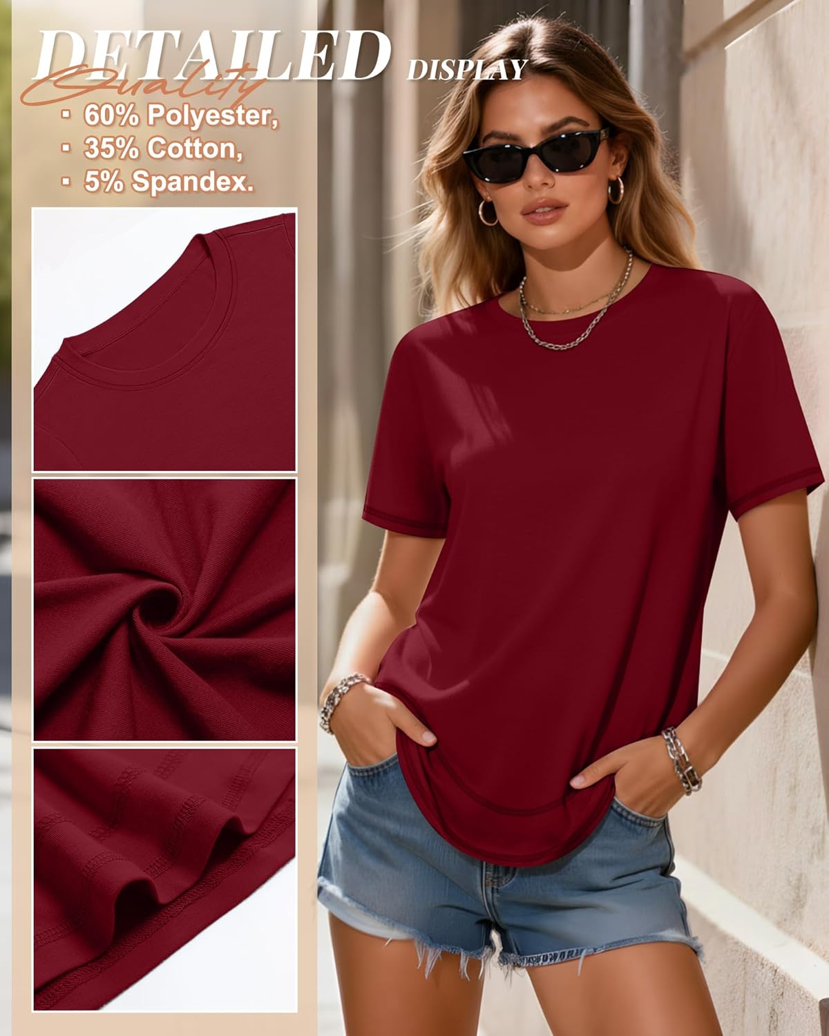 Ficerd 3 Pack Women's Short Sleeve T-Shirts, Loose Fit Crew Neck Tunic Tops Casual Solid Basic Tee Shirts Curved Hem Blouses - Image 5