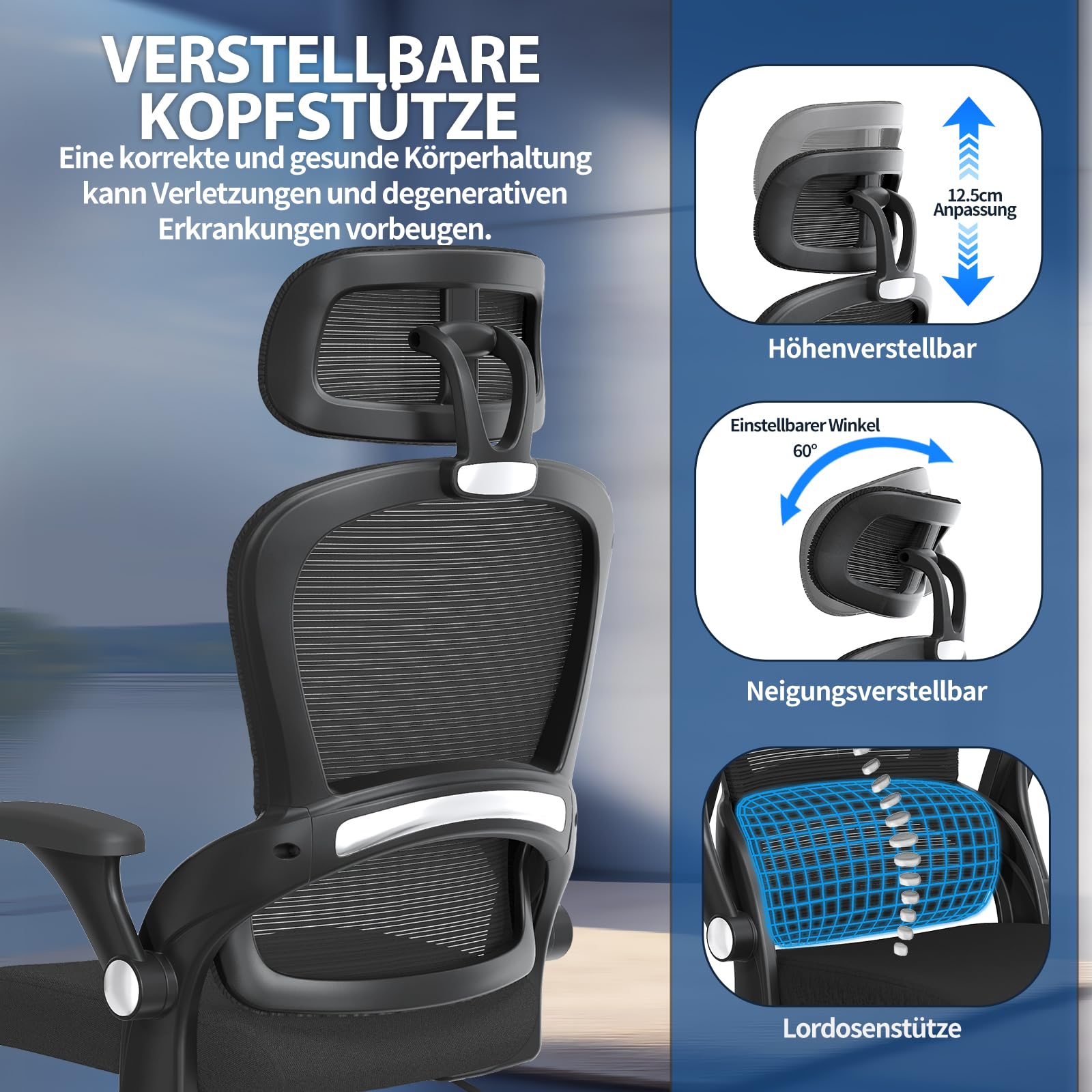 TRALT Ergonomischer Bürostuhl - Schreibtischstuhl mit Verstellbare Kopfstütze Höhenverstellbarer Bürostuhl Büro Stuhl - Office Chair Ergonomic Desk Chair - Gaming Stuhl 150kg für Lange Zeit Schwarz