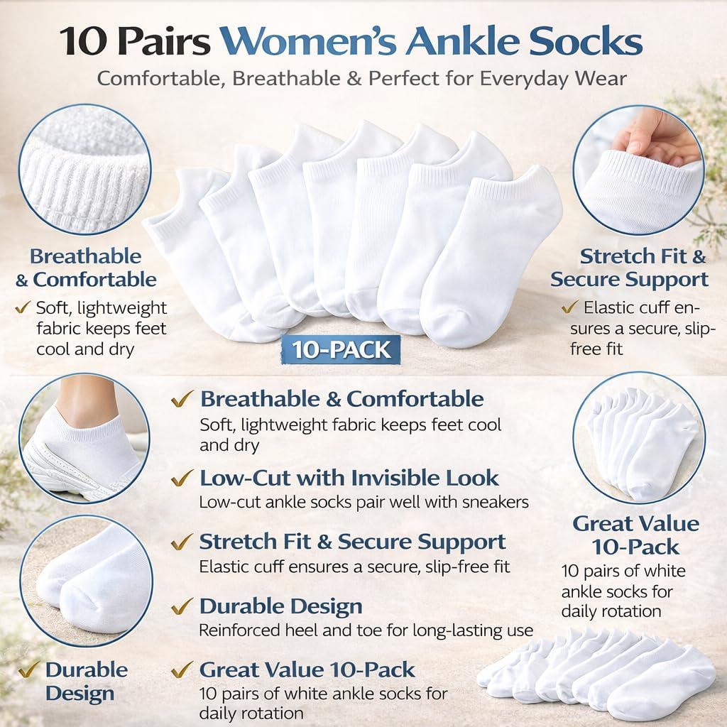 10 Pairs Women's Athletic Ankle Socks, Cushioned Low Cut Running Socks for Women, Breathable Moisture Wicking Sports Socks for Workout, Gym, Walking & Everyday Casual Wear (White)