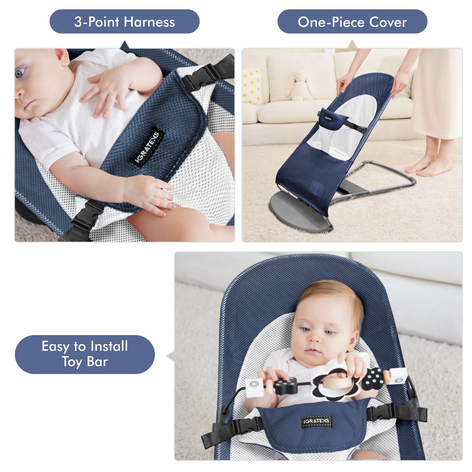 iGRATENS Siège en tissu pour transat – Housse pour transat Baby Bjorn Balance Soft & Bliss, maille ventilée, douce pour la peau, lavable en machine, bleu marine