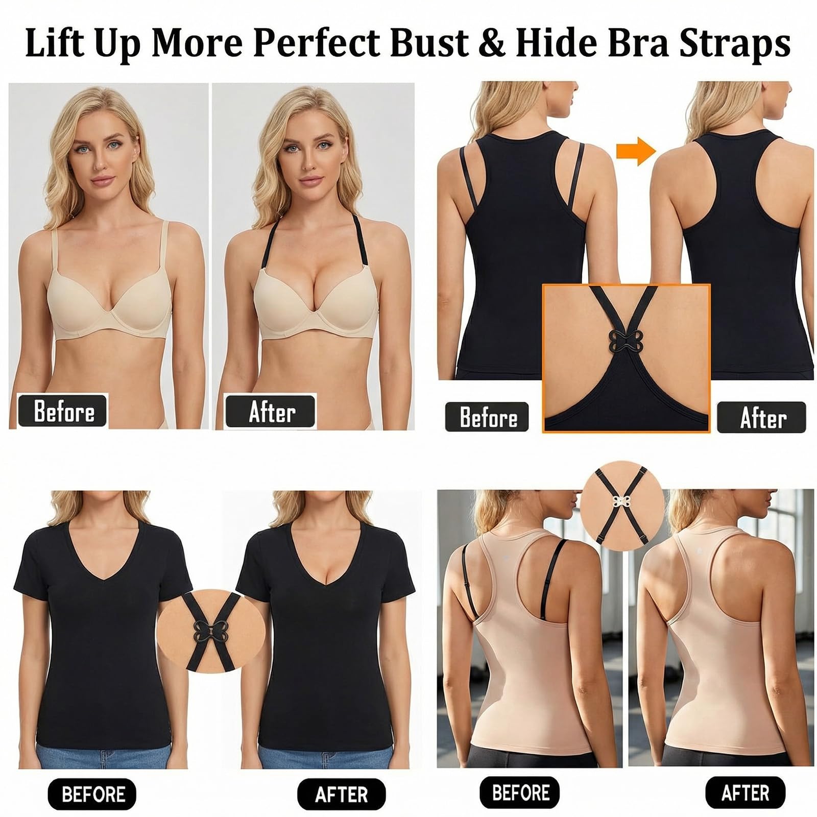 Nogeqi 16 Stück BH Träger Clip, BH Träger Halter,BH Clips für BH Träger Rücken,Unsichtbar rutschfeste BH Klammer Rücken, Bra Clips für Rutschen Racerbacks(4 Formen)