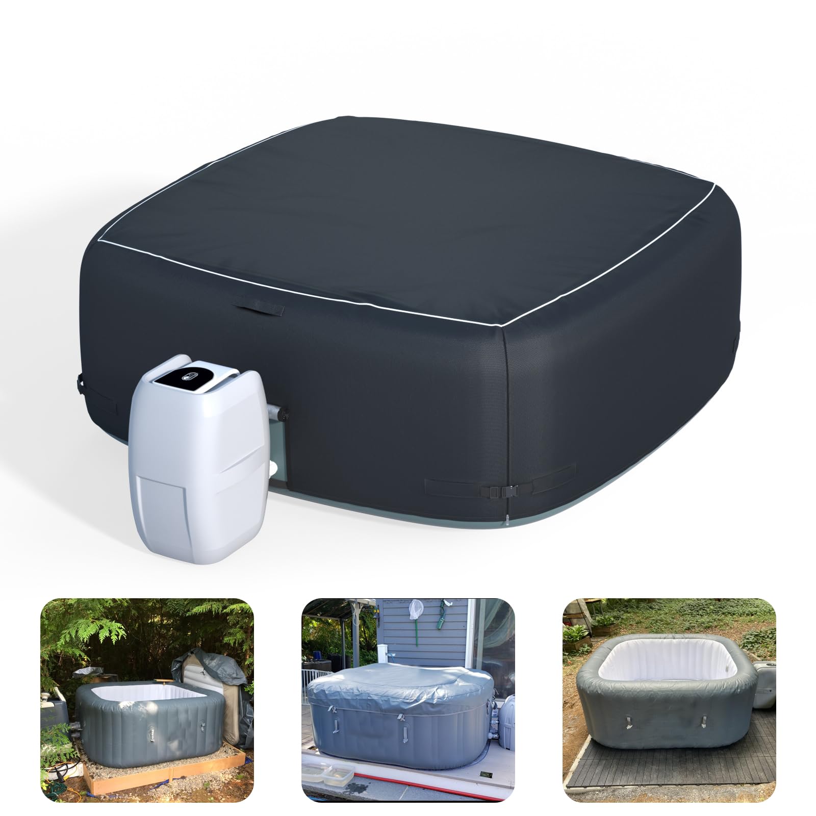 XCZ Tragbare Whirlpool-Abdeckung, aufblasbarer Whirlpool, vollständige Abdeckung, wasserdicht, Sonnenschutz, staubdicht, geeignet für 180 cm aufblasbaren Whirlpool, quadratisch (schwarz, nur Abdeckung