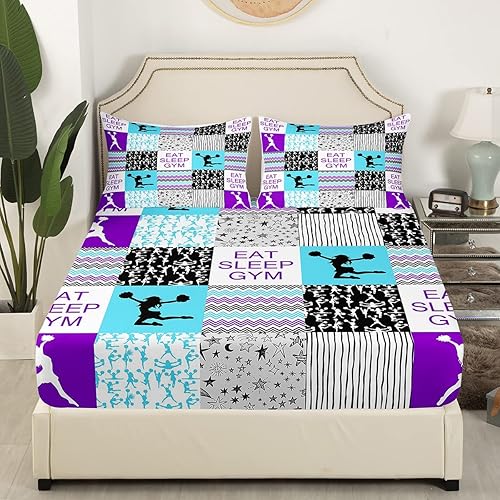 Miniatura 3 de Erosebridal Sábana bajera ajustable de animadora, juegos de ropa de cama de tamaño individual, sábanas geométricas a cuadros para niños, niñas,