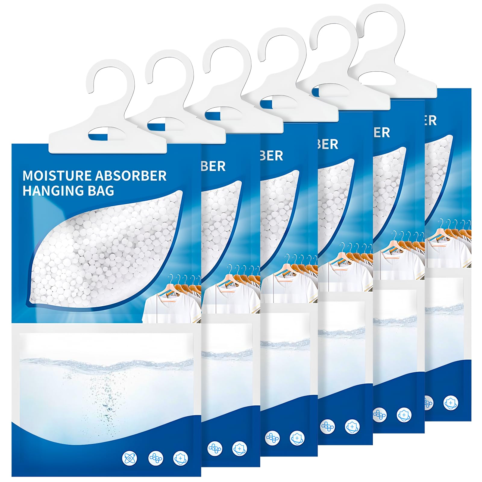6 x 230g Absorbeur d'Humidité, Sachets Déshumidificateurs Suspendus pour Placard, Set Anti-Moisissure et Humidité pour Cuisine, Salle de Bain, Garde-Robe, Voiture, Élimine les Odeurs