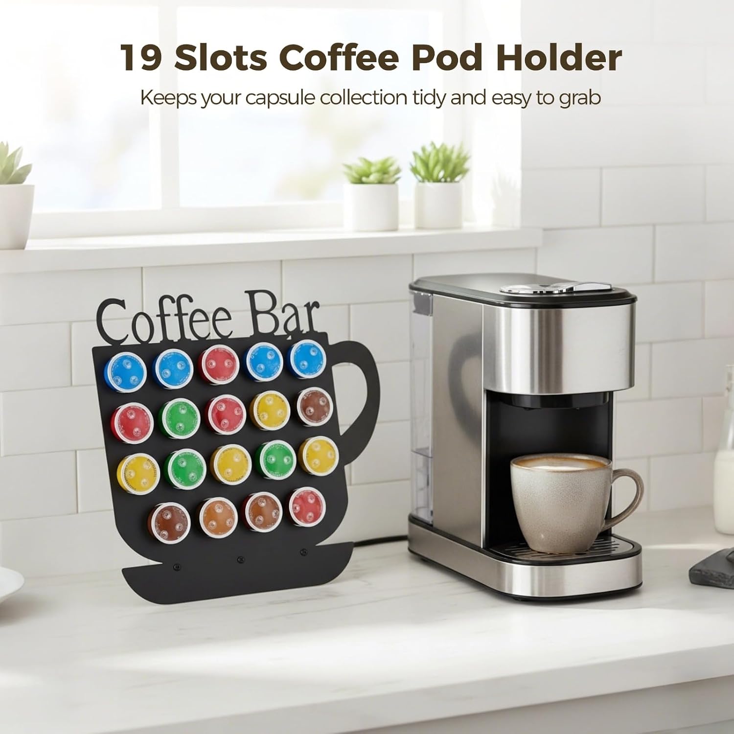 K Cups Holder, Black Metal Coffee Pod Holder, 19 Slots Coffee Bar Capsule Organizer, Vertical Capsule Rack, Countertop Storage Display for Kitchen, Office, Home