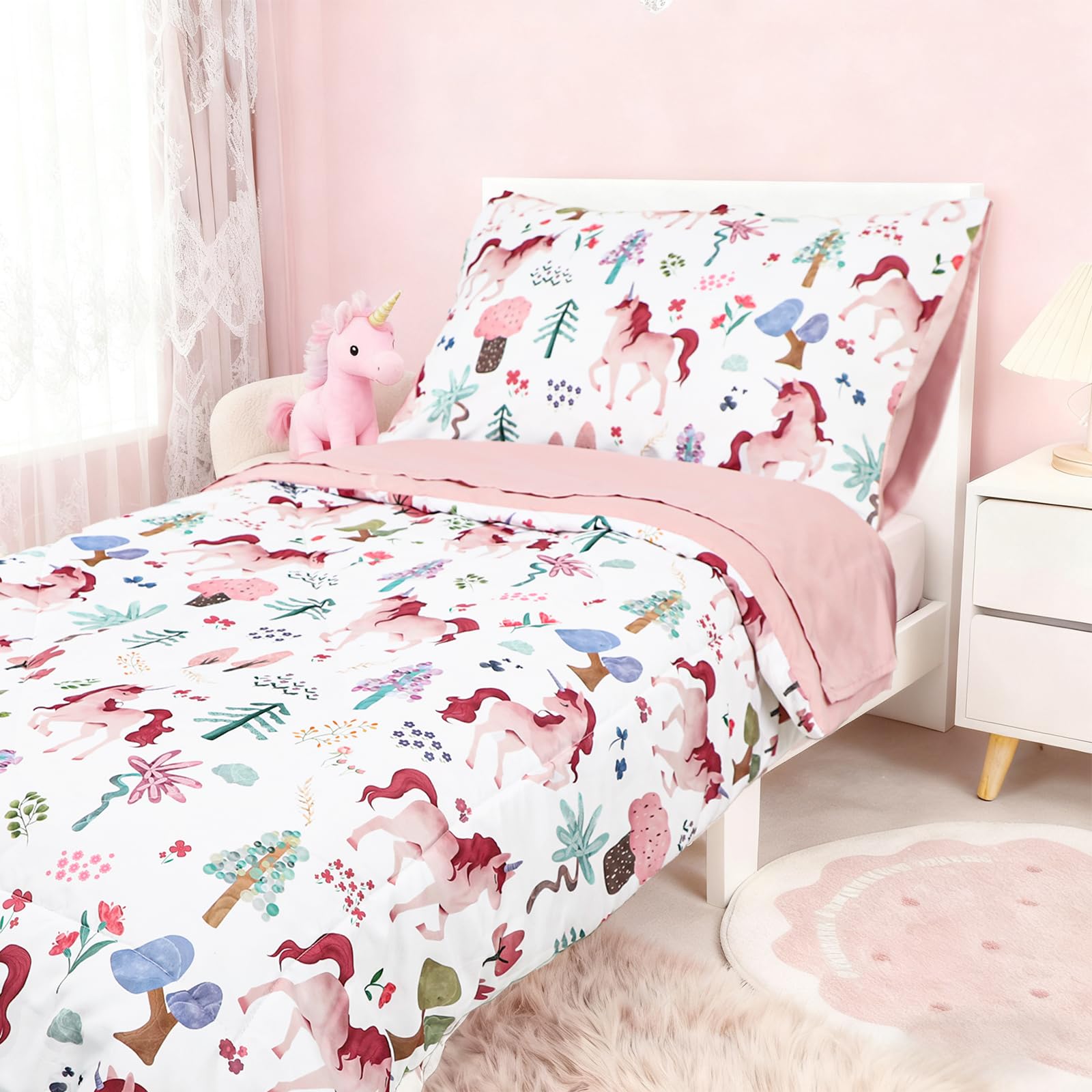 Toddler Bedding Set for Girls, Kids Comforter Set Pink Reversible, Ultra Soft &amp; Lightweight Crid Bedding Set Includes Comforter, Flat Sheet, Fitted Sheet, Pillowcase (Forest)