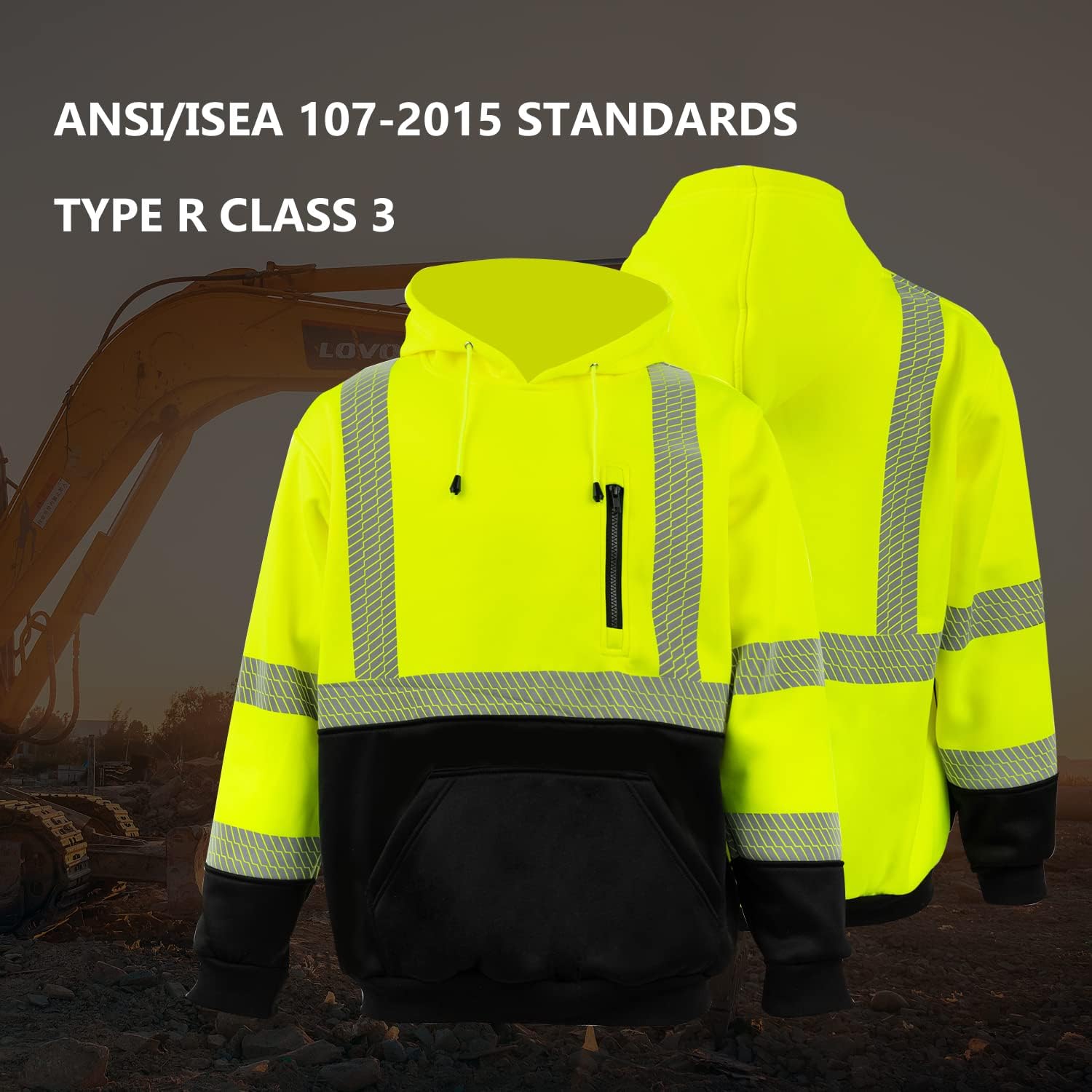 FONIRRA Hi Vis Hoodie for Men Reflective ANSI Class 3 Safety Sweatshirts High Visibility Construction Work Winter Pullover Yellow - Image 6