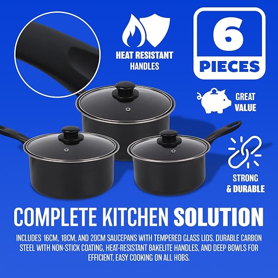 Non Stick Cookware Sets - Multi Purpose, Kitchen Cooking Pans | Kitchenware, Strong & Durable Carbon Steel with Cool Bakelite Handles, Milk Pan Saucepan (6pc Non Stick Milk Pan Cookware Set)
