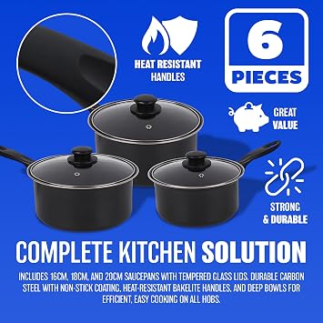 Non Stick Cookware Sets - Multi Purpose, Kitchen Cooking Pans | Kitchenware, Strong & Durable Carbon Steel with Cool Bakelite Handles, Milk Pan Saucepan (6pc Non Stick Milk Pan Cookware Set)