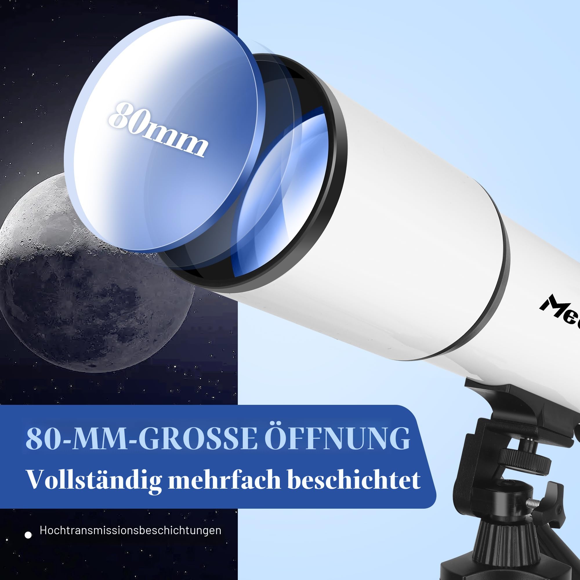 MEEZAA Teleskop, Teleskop Astronomie Erwachsene Profi, 80 mm Öffnung 600 mm Refraktor-Teleskop für Kinder und Einsteiger mit Stativ, Handyhalterung und Tragetasche zur Beobachtung Planeten und Mond