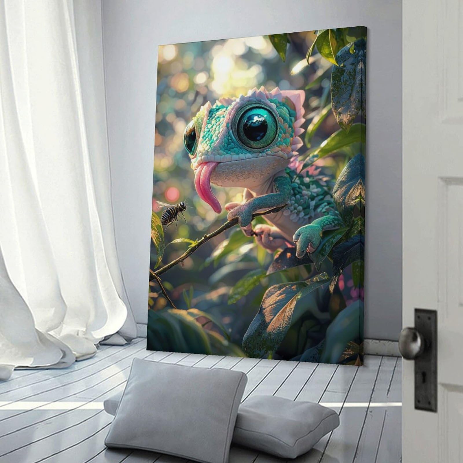 Junmoney Frame-Style-22 Cute Chameleon With Big Eyes Wall Picture Print, 20X30inch(50X75cm), For Lounge, Study, Hallway Or Flat Walls, Canvas Wall Art That Fits Changing Layouts