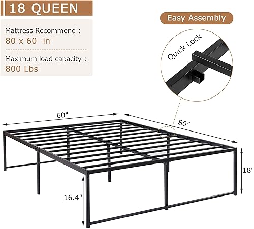 Miniatura 48 de VECELO Marco de cama de plataforma de metal de 14 pulgadas, base de colchón, no necesita somier, soporte de listones de acero (tamaño matrimonial)
