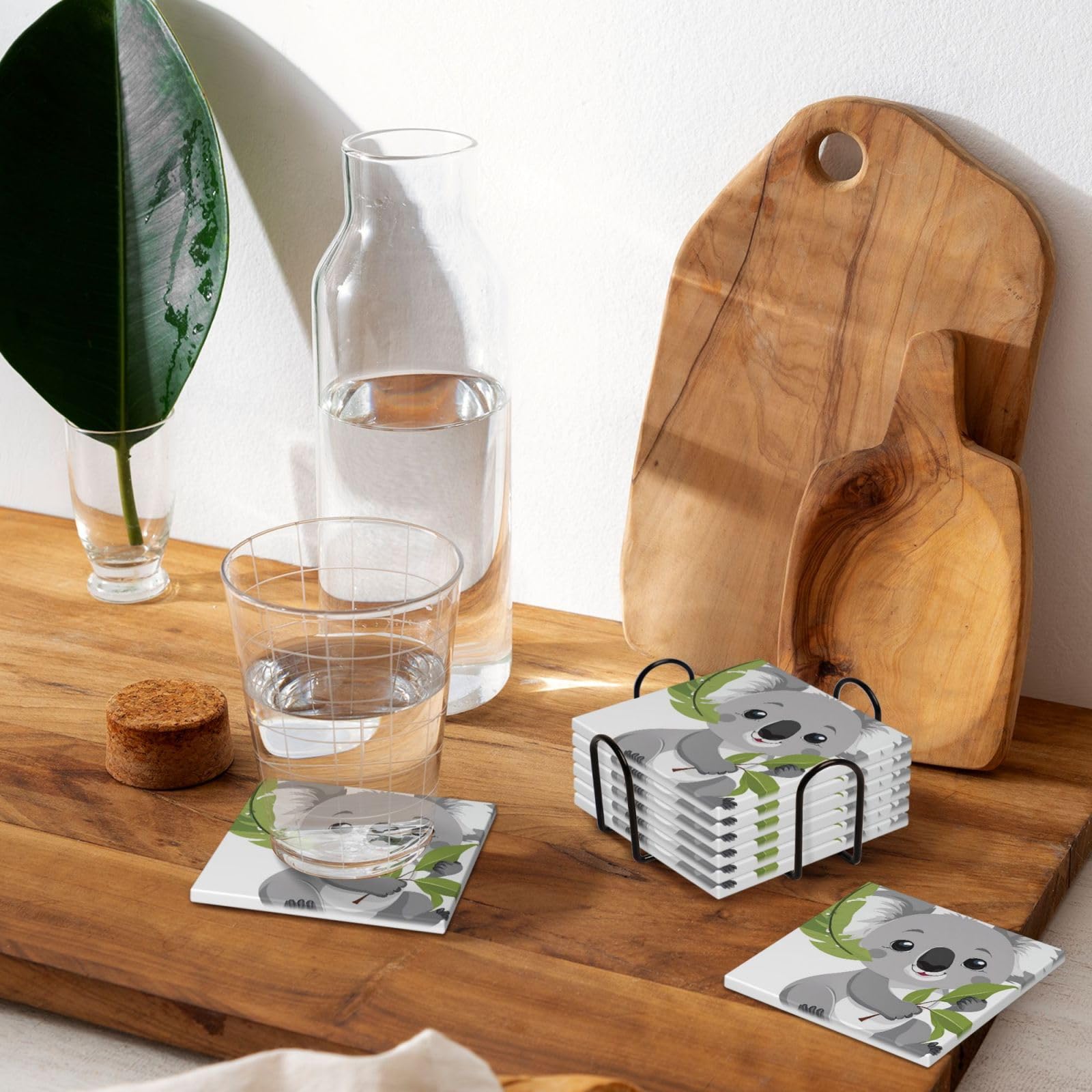 Keramikuntersetzer mit niedlichem Koala-Muster, quadratisch, saugfähig, mit Halter, für Zuhause, Büro, Bar, Restaurant, 6 Stück