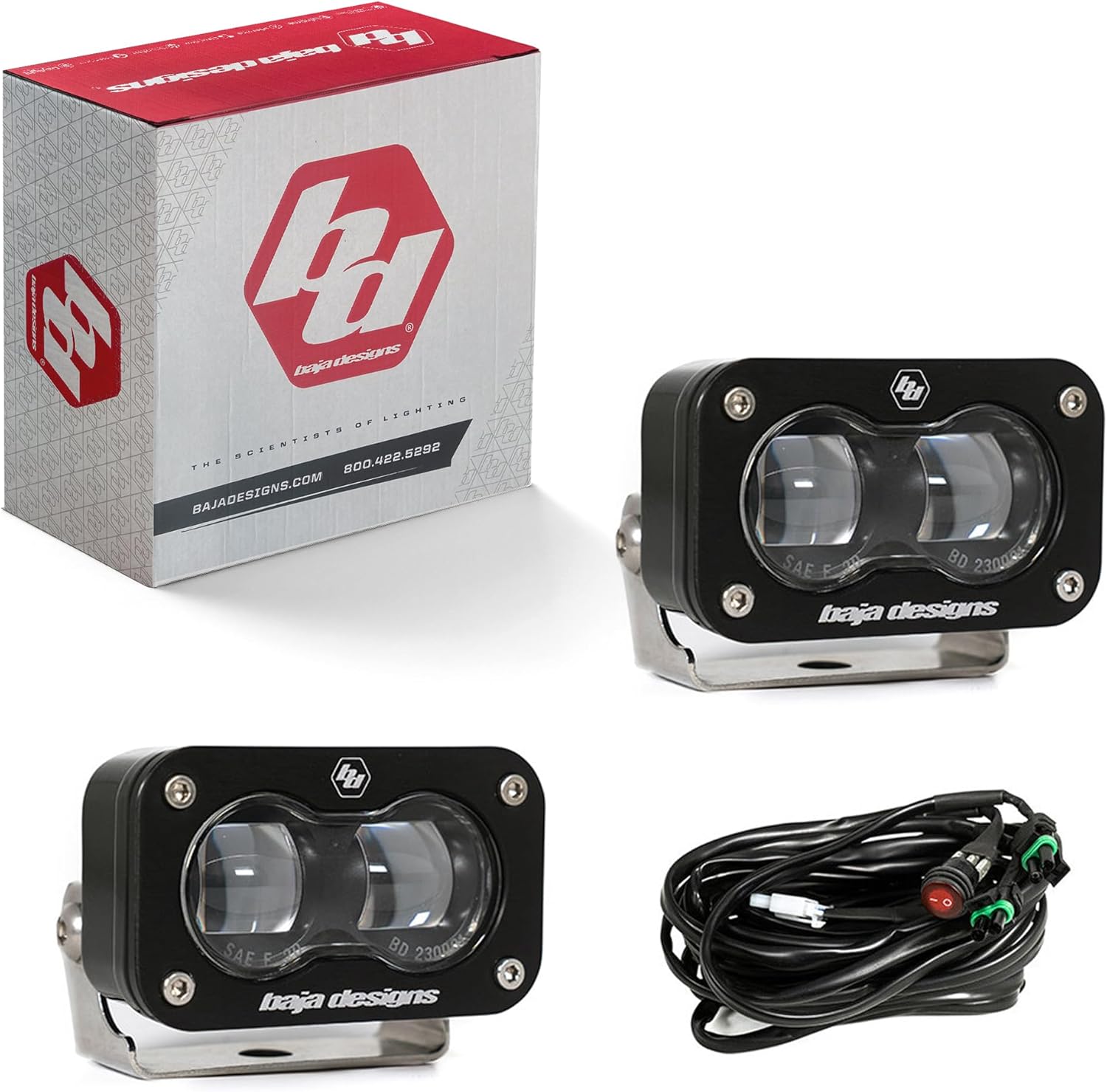 Baja Designs S2 SAE Fog Lights, Auxiliary LED Light Pods (PAIR), Road Legal, Universal Fit with Wiring Harness, 2 PCS LED (Clear)
