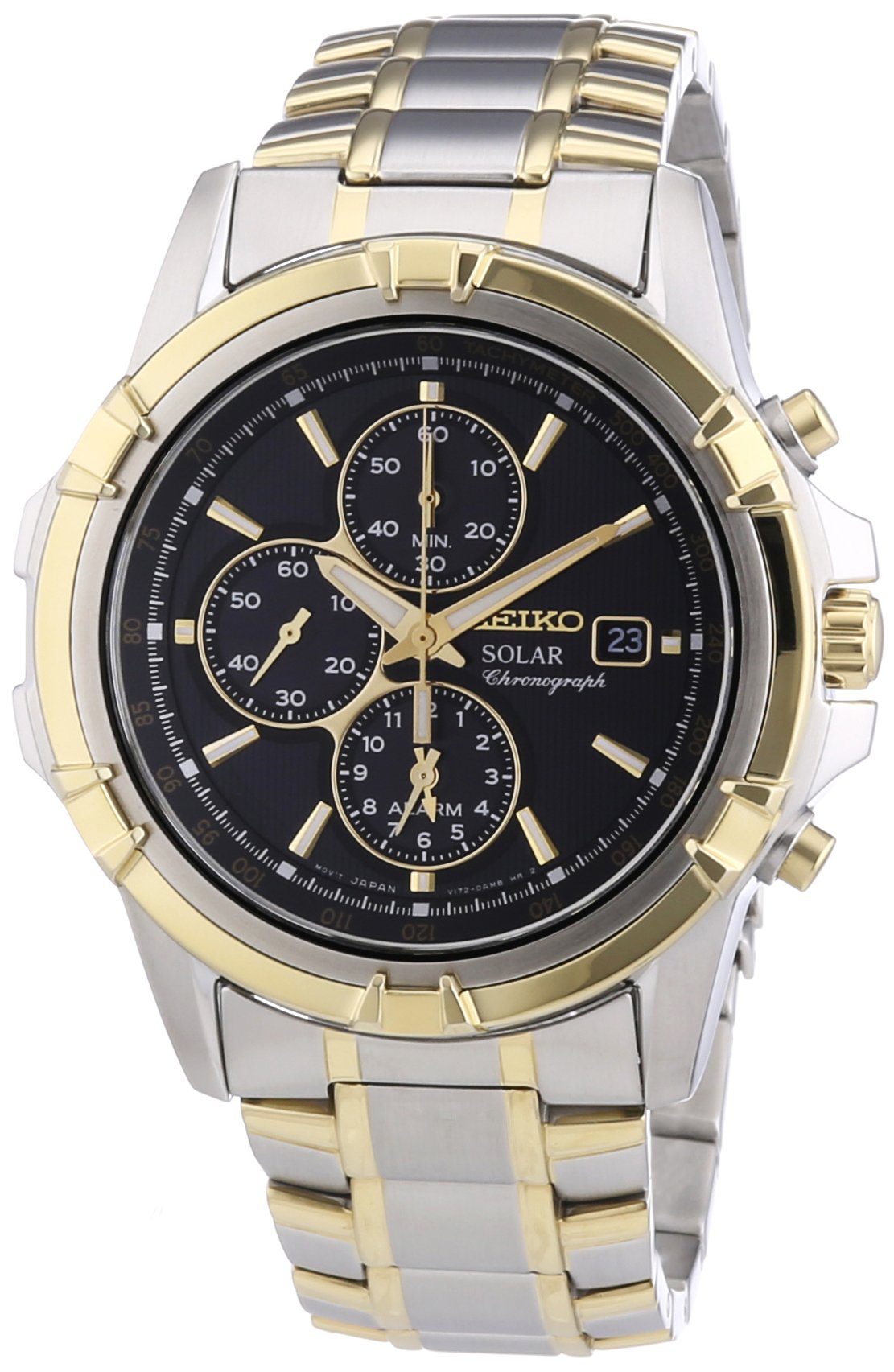 Seiko Solar Chronograph Black Dial Two Tone Stainless Steel Mens