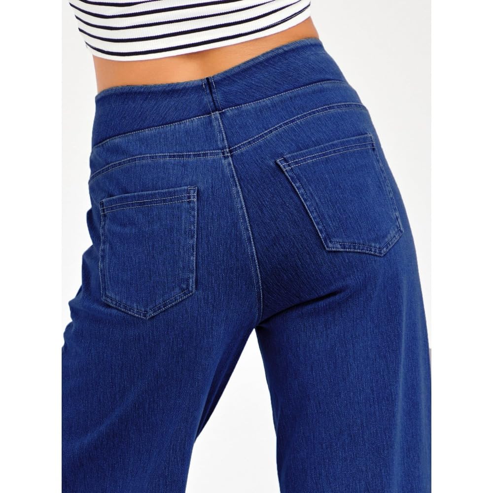 Jeans Mujer Stretch de Pierna Ancha y Recta Tiro Alto Estilo Baggy Moderno Pantalones Casual Efecto Moldeador con Bolsillos slim/A/XL