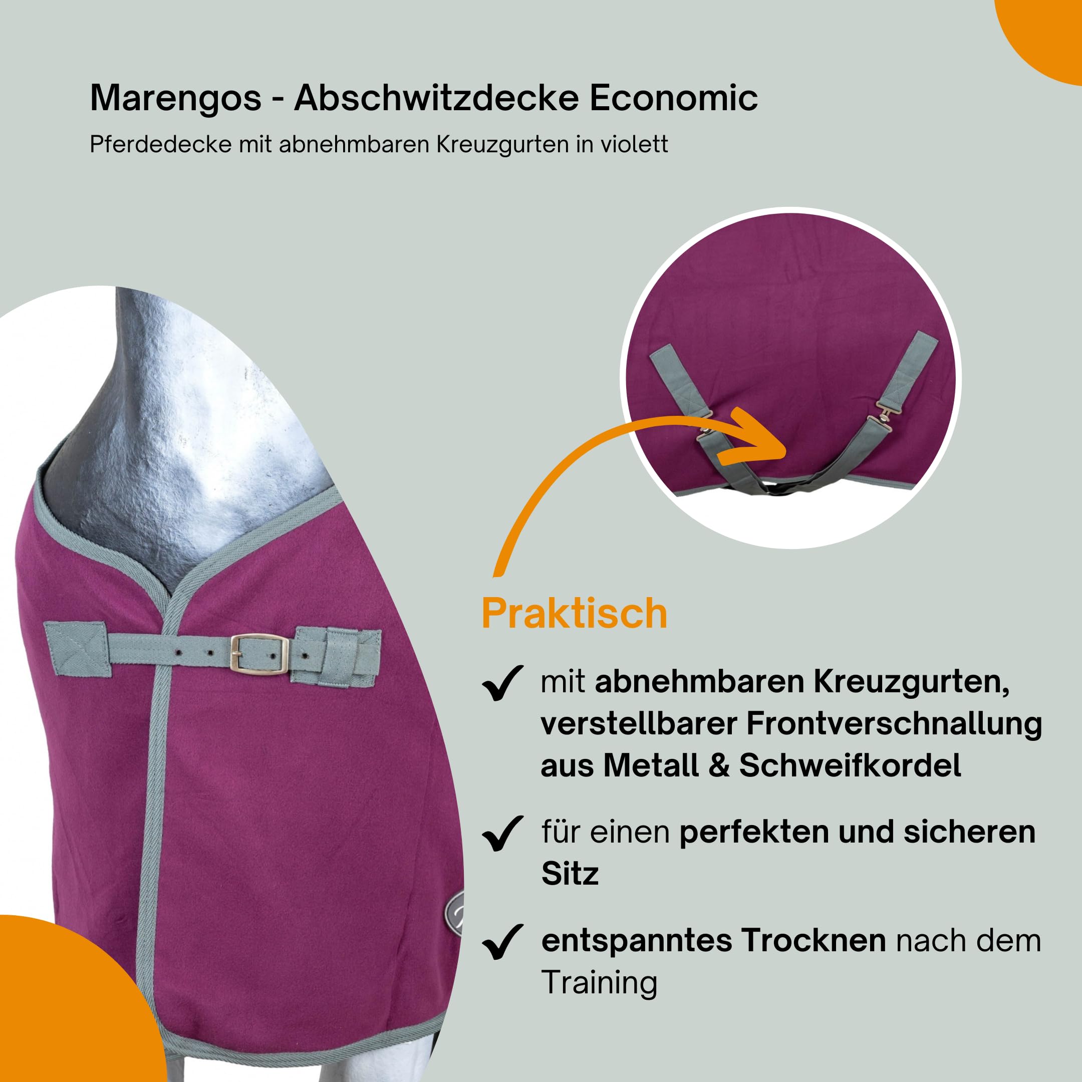 Marengos - Abschwitzdecke Economic mit Kreuzgurten (abnehmbar) | Pferdedecke mit Frontschnalle, Schweifkordel & Widerristpolster | atmungsaktive Fleecedecke | Pferde Zubehör in Violett | 115cm