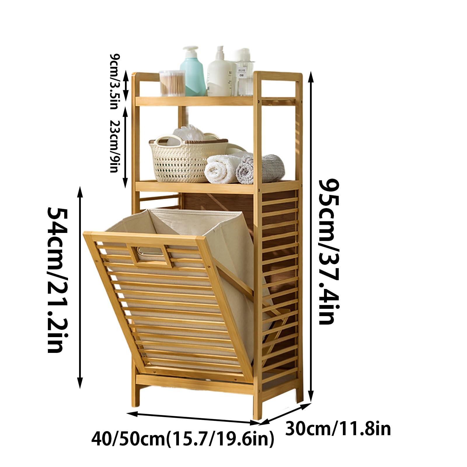 Wäschekorb Bambus, Badschrank mit 2 Ablagen für Badaccessoires als Wäschebehälter mit ausklappbarem Wäschesack Wäschetruhe Einfach zu Montieren für Badezimmer Schlafzimmer Wohnheime(40x30x95cm/