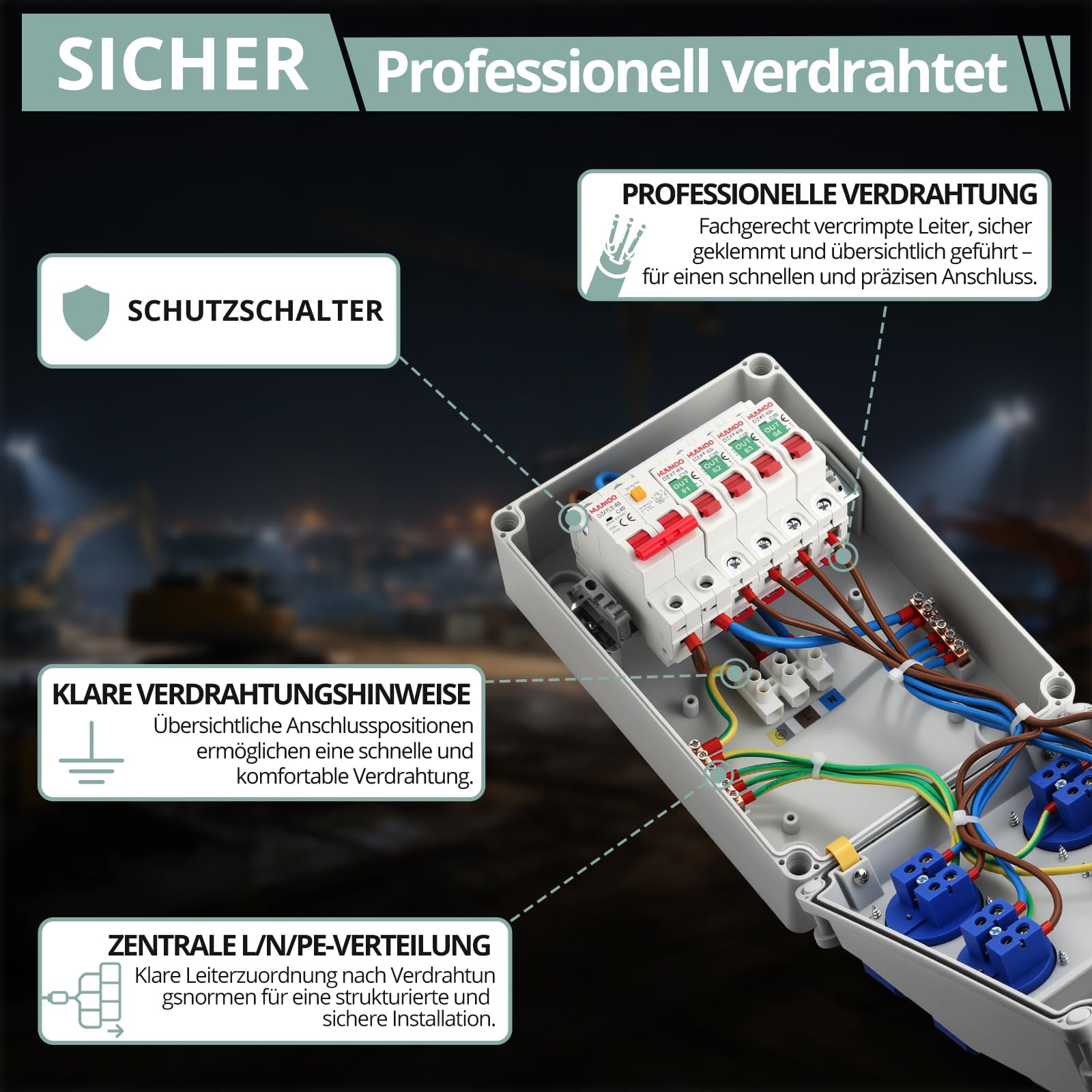 COLFULINE Baustromverteiler mit LS/FI, Vorverdrahtet & Wasserdicht IP66 | Stromverteiler 4x 230V Schuko-Steckdosen 16A, Verdrahtungshinweis, Flammhemmende ABS, für Werkstatt Baustelle Innen & Außen
